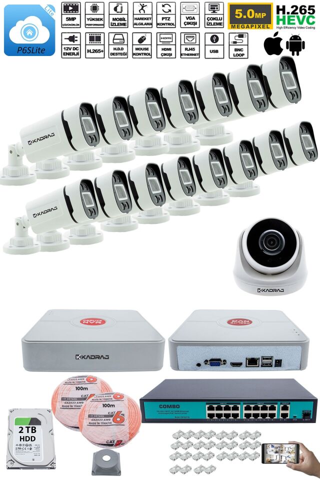 IP Güvenlik Kamera Seti - 1 İç Mekan IP Kamera, 15 Dış Mekan IP Kamera, 2TB H.D.D, 16 Kanal NVR