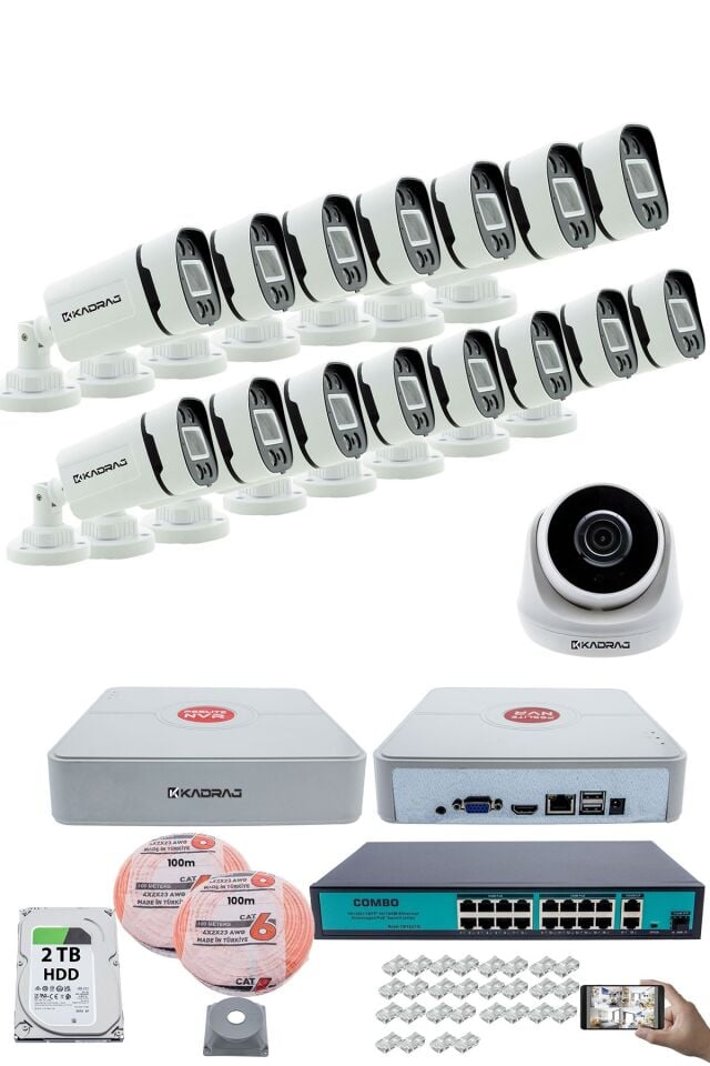 IP Güvenlik Kamera Seti - 1 İç Mekan IP Kamera, 15 Dış Mekan IP Kamera, 2TB H.D.D, 16 Kanal NVR