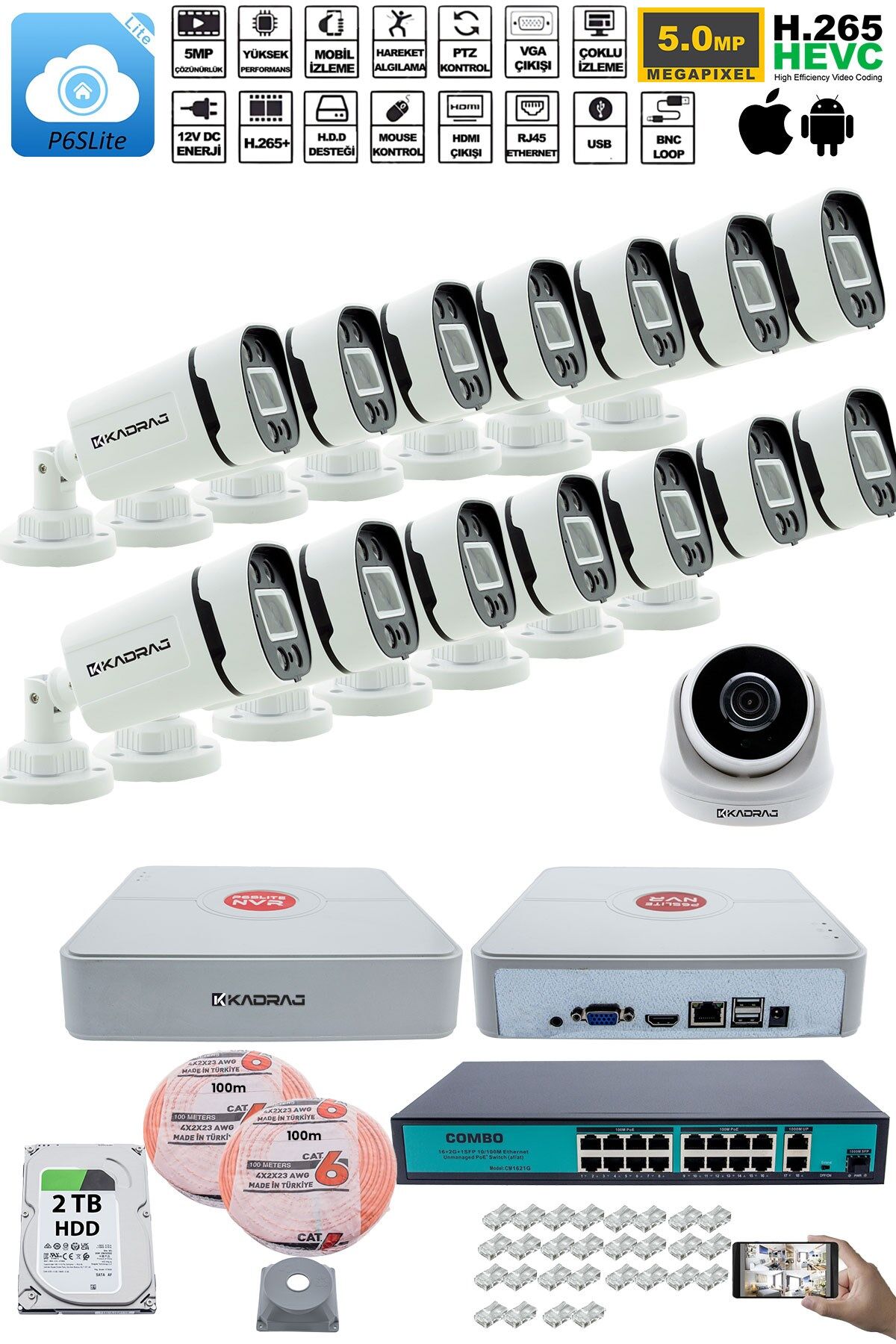 IP Güvenlik Kamera Seti - 1 İç Mekan IP Kamera, 14 Dış Mekan IP Kamera, 2TB H.D.D, 16 Kanal NVR