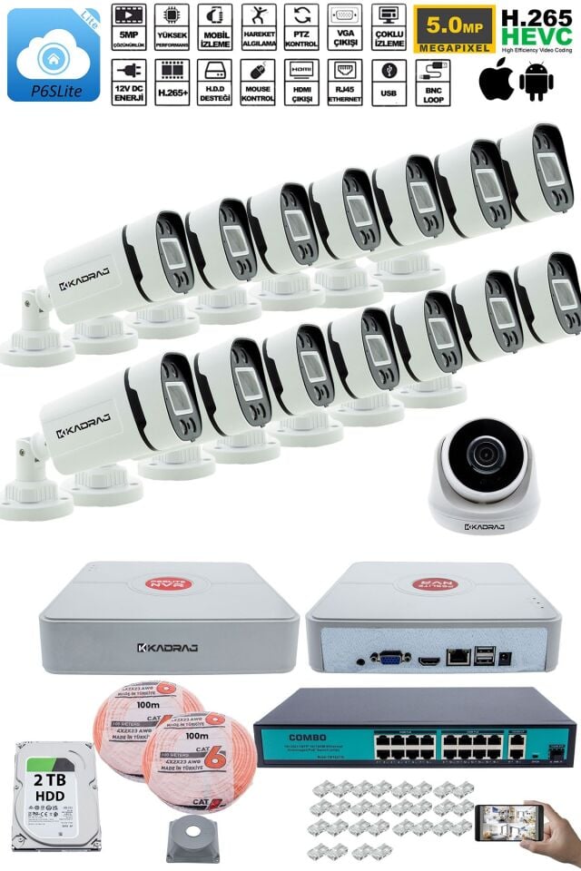 IP Güvenlik Kamera Seti - 1 İç Mekan IP Kamera, 14 Dış Mekan IP Kamera, 2TB H.D.D, 16 Kanal NVR