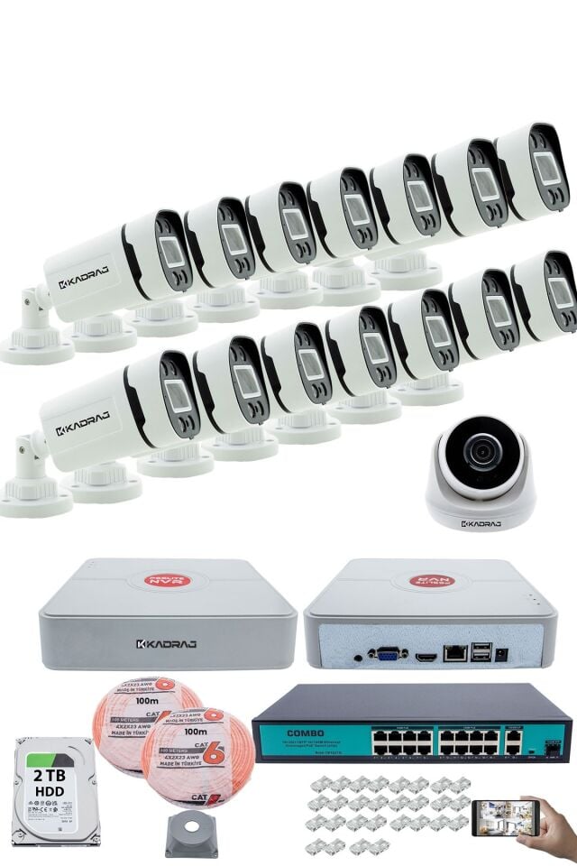 IP Güvenlik Kamera Seti - 1 İç Mekan IP Kamera, 14 Dış Mekan IP Kamera, 2TB H.D.D, 16 Kanal NVR