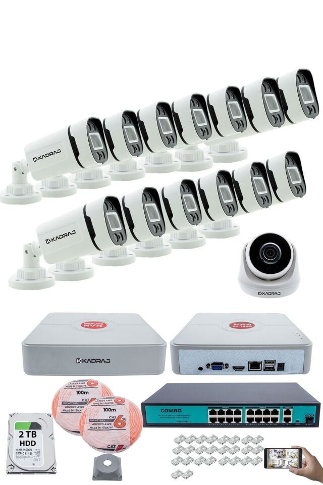 IP Güvenlik Kamera Seti - 1 İç Mekan IP Kamera, 13 Dış Mekan IP Kamera, 2TB H.D.D, 16 Kanal NVR