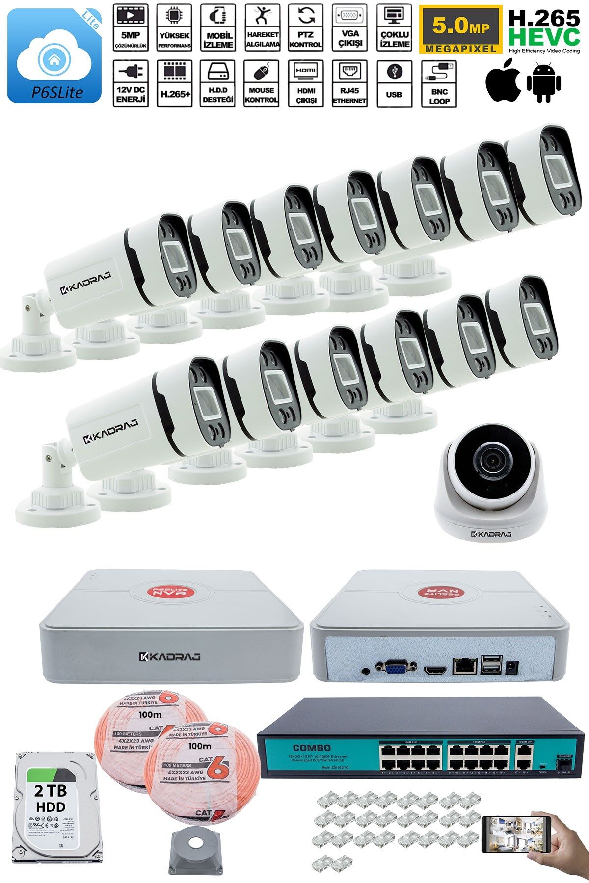 IP Güvenlik Kamera Seti - 1 İç Mekan IP Kamera, 13 Dış Mekan IP Kamera, 2TB H.D.D, 16 Kanal NVR