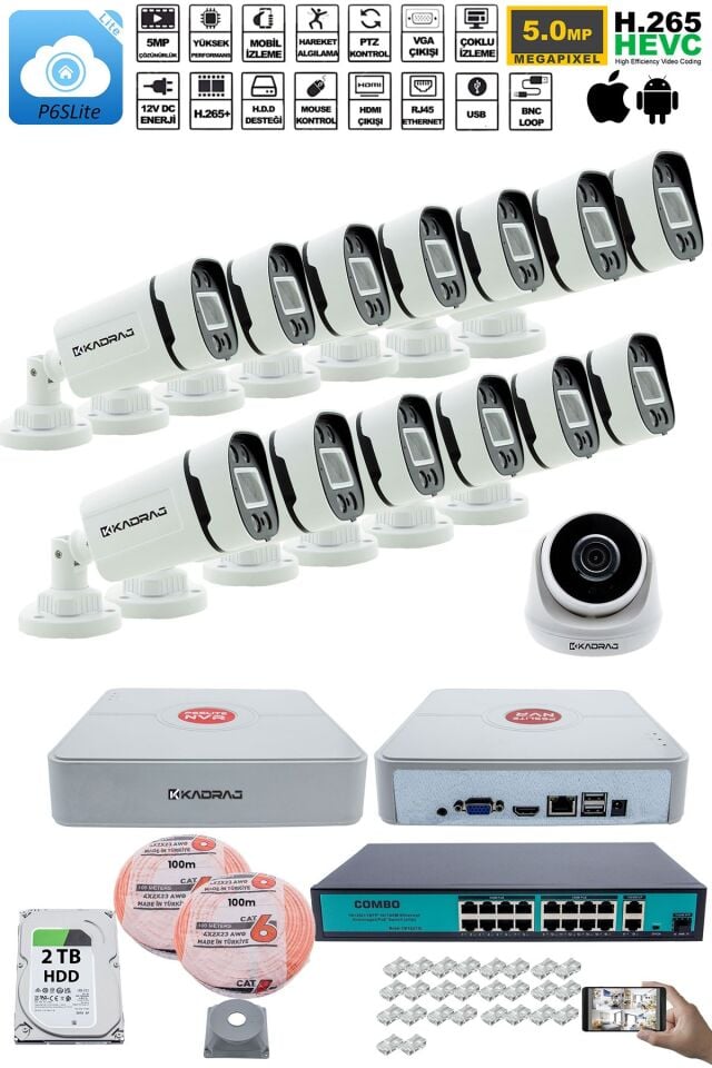 IP Güvenlik Kamera Seti - 1 İç Mekan IP Kamera, 13 Dış Mekan IP Kamera, 2TB H.D.D, 16 Kanal NVR