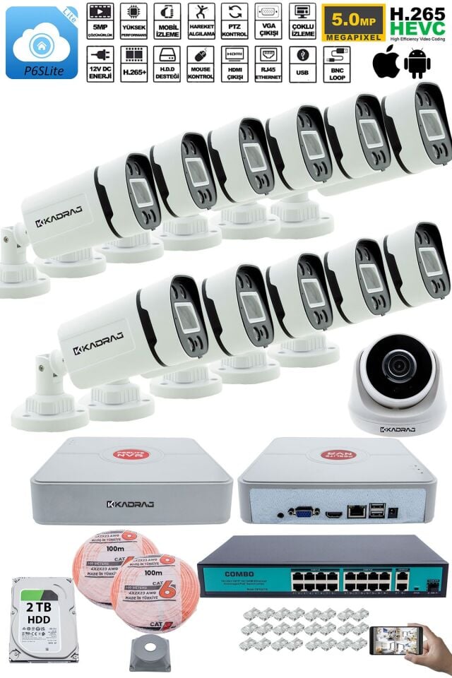 IP Güvenlik Kamera Seti - 1 İç Mekan IP Kamera, 11 Dış Mekan IP Kamera, 2TB H.D.D, 16 Kanal NVR