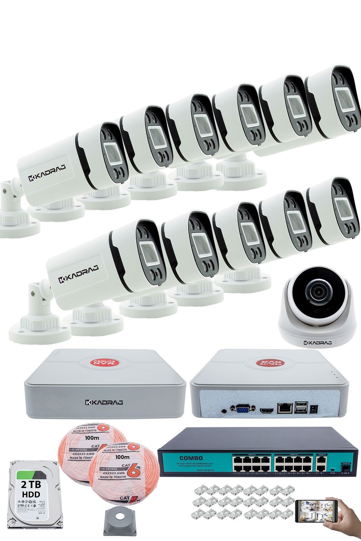 IP Güvenlik Kamera Seti - 1 İç Mekan IP Kamera, 11 Dış Mekan IP Kamera, 2TB H.D.D, 16 Kanal NVR