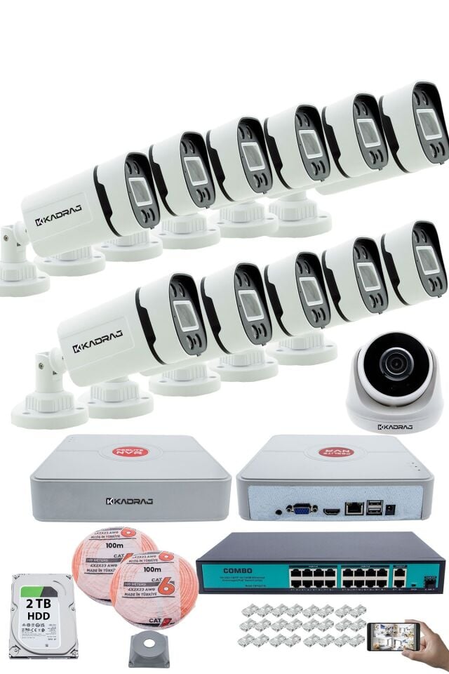 IP Güvenlik Kamera Seti - 1 İç Mekan IP Kamera, 11 Dış Mekan IP Kamera, 2TB H.D.D, 16 Kanal NVR