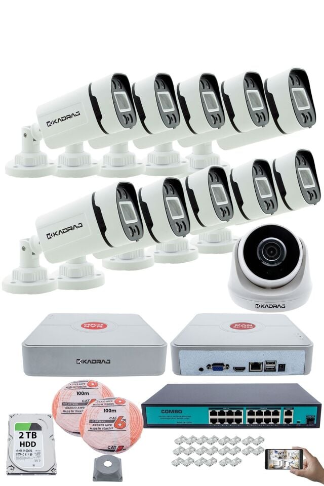 IP Güvenlik Kamera Seti - 1 İç Mekan IP Kamera, 10 Dış Mekan IP Kamera, 2TB H.D.D, 16 Kanal NVR