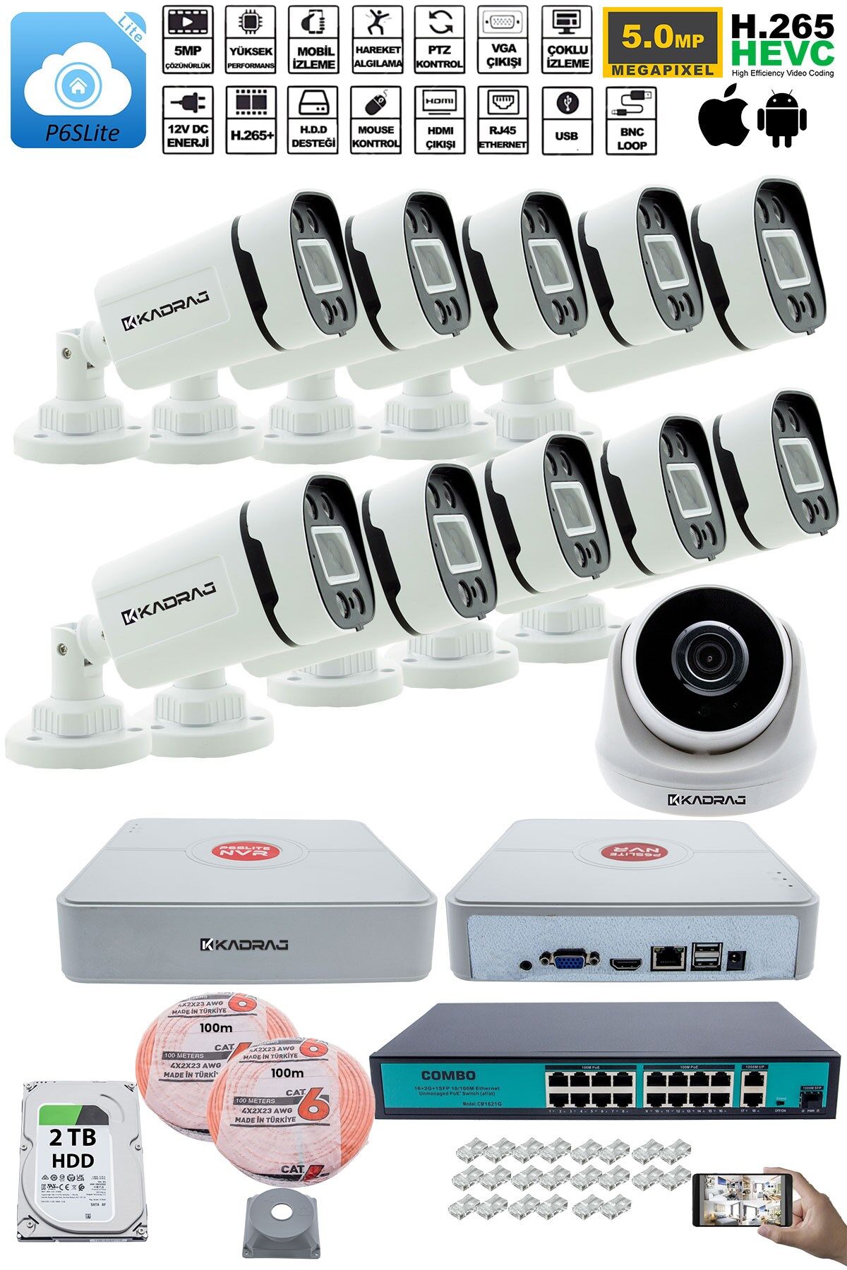 IP Güvenlik Kamera Seti - 1 İç Mekan IP Kamera, 10 Dış Mekan IP Kamera, 2TB H.D.D, 16 Kanal NVR