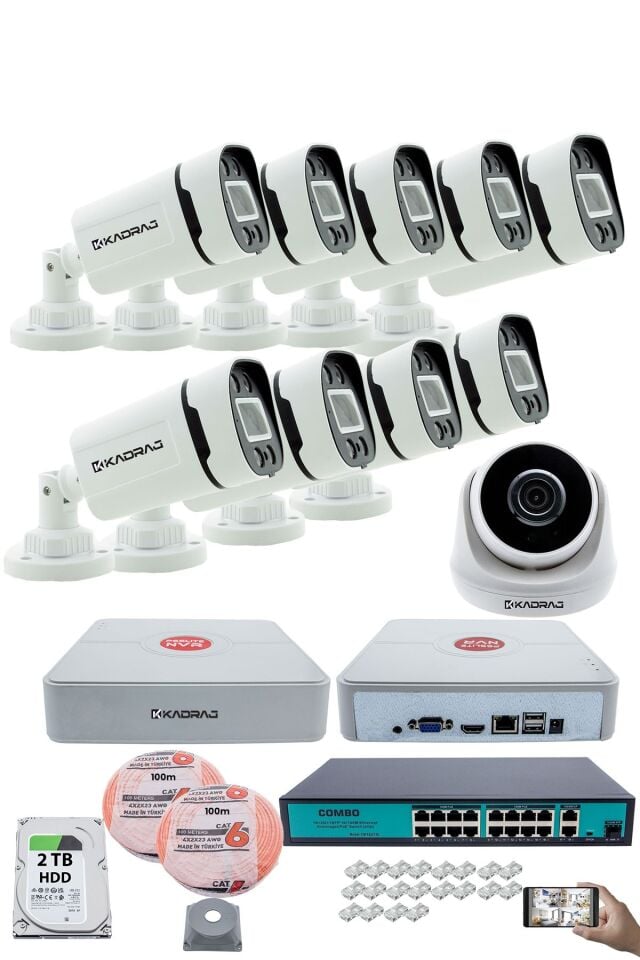 IP Güvenlik Kamera Seti - 1 İç Mekan IP Kamera, 9 Dış Mekan IP Kamera, 2TB H.D.D, 16 Kanal NVR