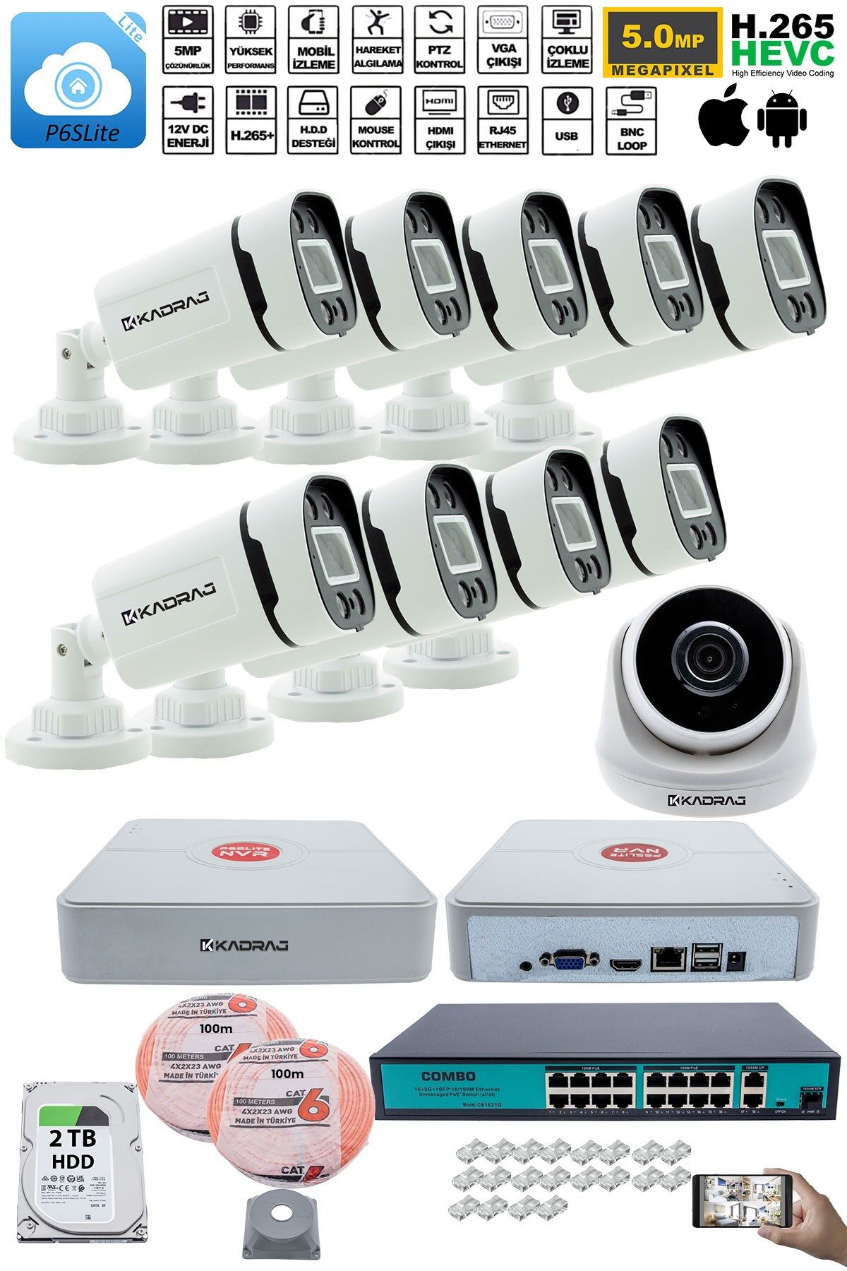 IP Güvenlik Kamera Seti - 1 İç Mekan IP Kamera, 9 Dış Mekan IP Kamera, 2TB H.D.D, 16 Kanal NVR