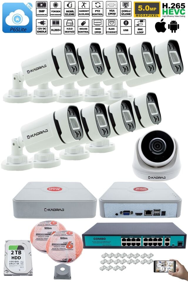IP Güvenlik Kamera Seti - 1 İç Mekan IP Kamera, 9 Dış Mekan IP Kamera, 2TB H.D.D, 16 Kanal NVR