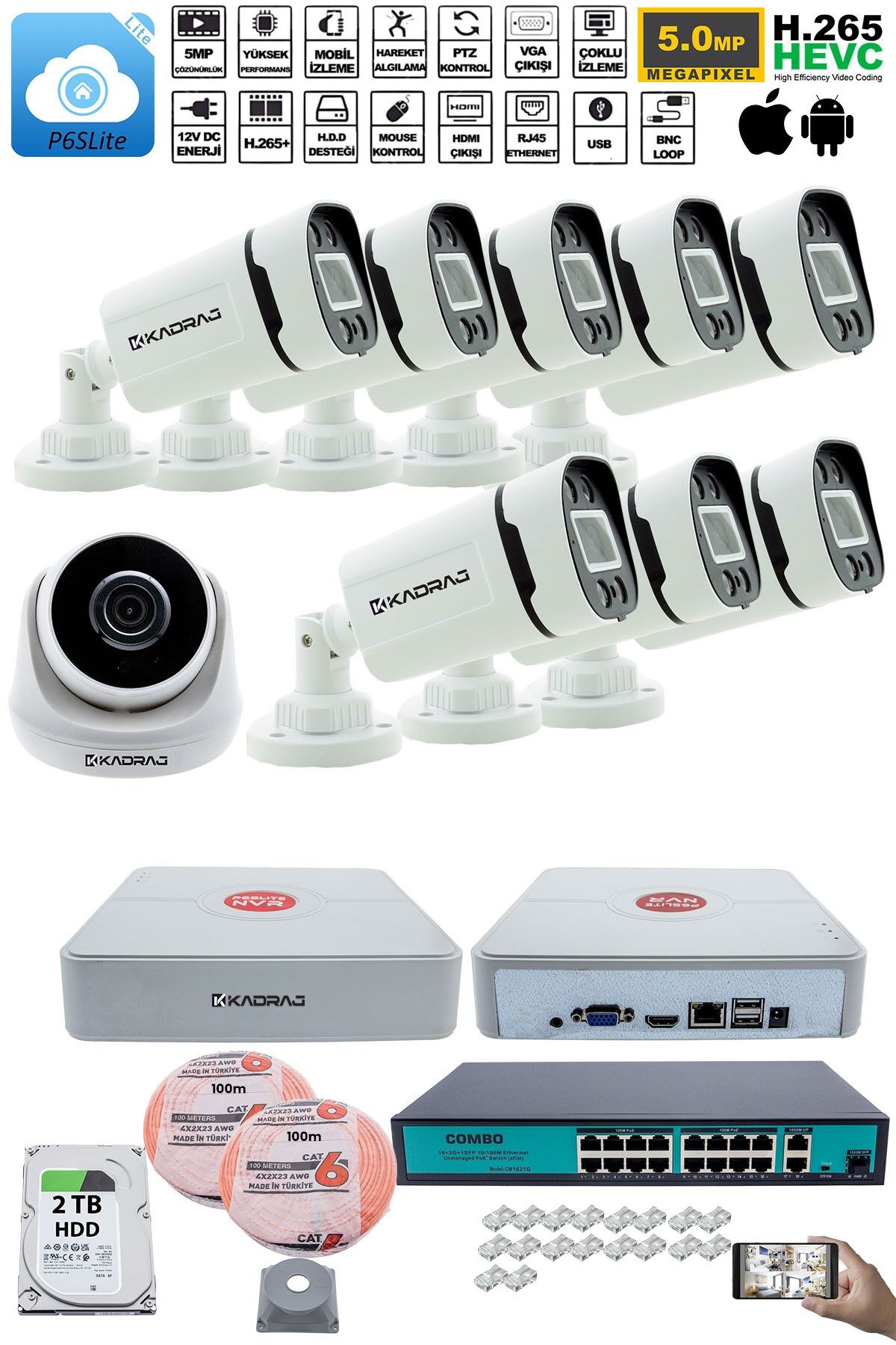 IP Güvenlik Kamera Seti - 1 İç Mekan IP Kamera, 8 Dış Mekan IP Kamera, 2TB H.D.D, 16 Kanal NVR
