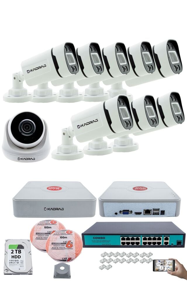 IP Güvenlik Kamera Seti - 1 İç Mekan IP Kamera, 8 Dış Mekan IP Kamera, 2TB H.D.D, 16 Kanal NVR