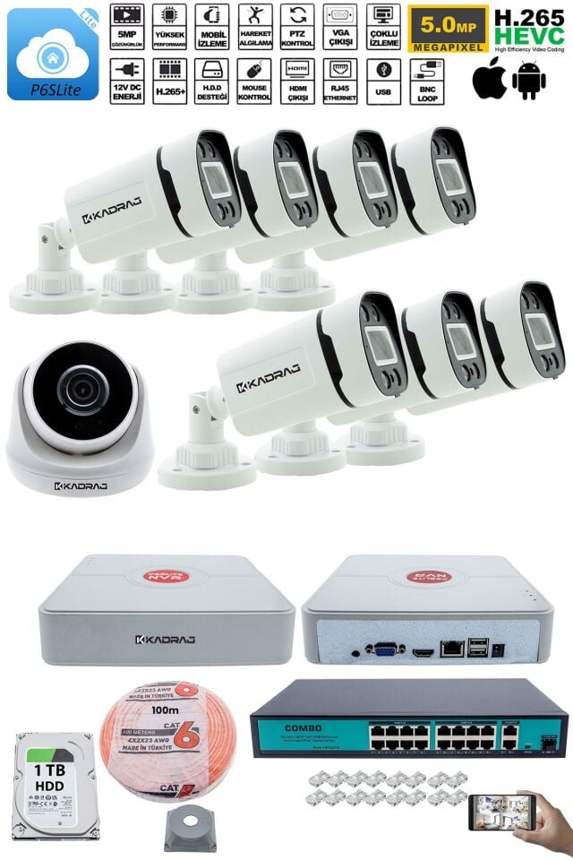 Ip Güvenlik Kamera Seti - 1 İç Mekan Ip Kamera, 7 dış Mekan Ip Kamera, 1TB H.D.D 9 Kanal Nvr,