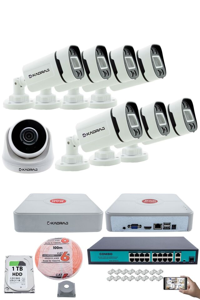 Ip Güvenlik Kamera Seti - 1 İç Mekan Ip Kamera, 7 dış Mekan Ip Kamera, 1TB H.D.D 9 Kanal Nvr,