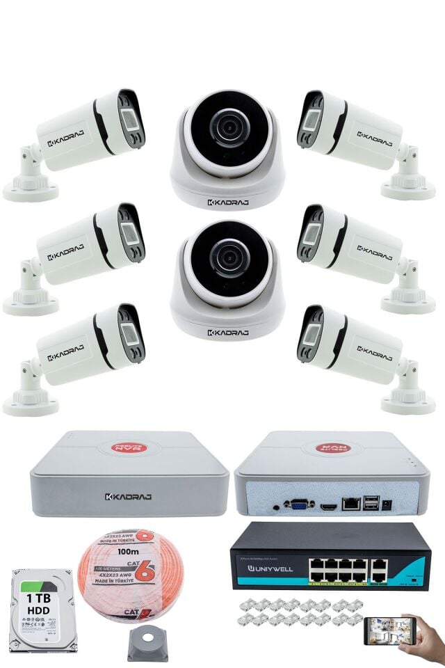 IP Güvenlik Kamera Seti - 2 İç Mekan IP Kamera, 6 Dış Mekan IP Kamera, 1TB H.D.D, 9 Kanal NVR