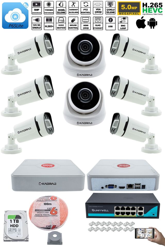 IP Güvenlik Kamera Seti - 2 İç Mekan IP Kamera, 6 Dış Mekan IP Kamera, 1TB H.D.D, 9 Kanal NVR