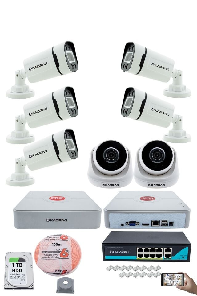IP Güvenlik Kamera Seti - 2 İç Mekan IP Kamera, 5 Dış Mekan IP Kamera, 1TB H.D.D, 9 Kanal NVR