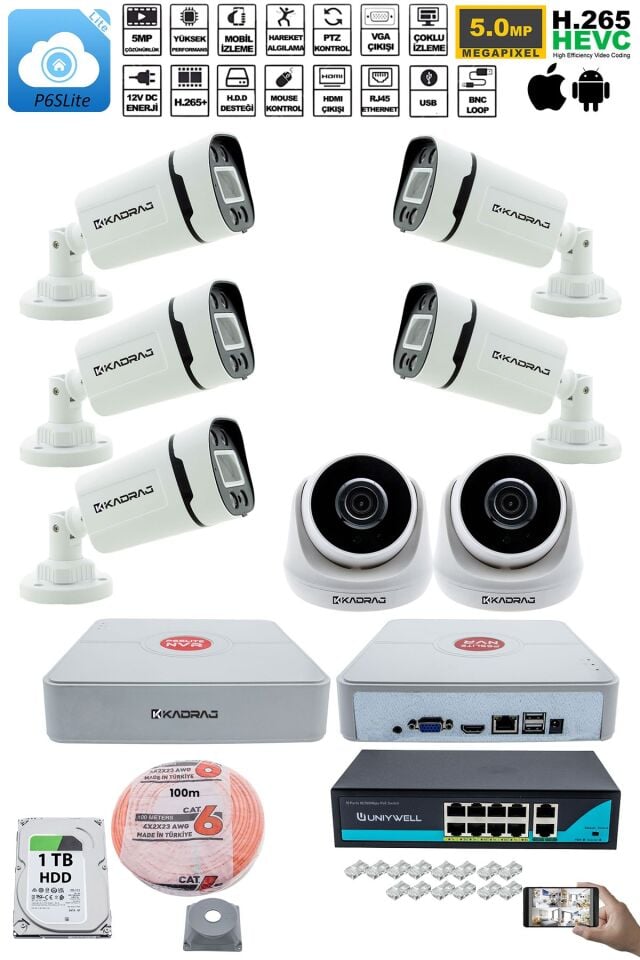 IP Güvenlik Kamera Seti - 2 İç Mekan IP Kamera, 5 Dış Mekan IP Kamera, 1TB H.D.D, 9 Kanal NVR
