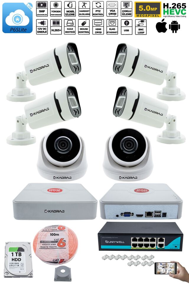 IP Güvenlik Kamera Seti - 2 İç Mekan IP Kamera, 4 Dış Mekan IP Kamera, 1TB H.D.D, 9 Kanal NVR,