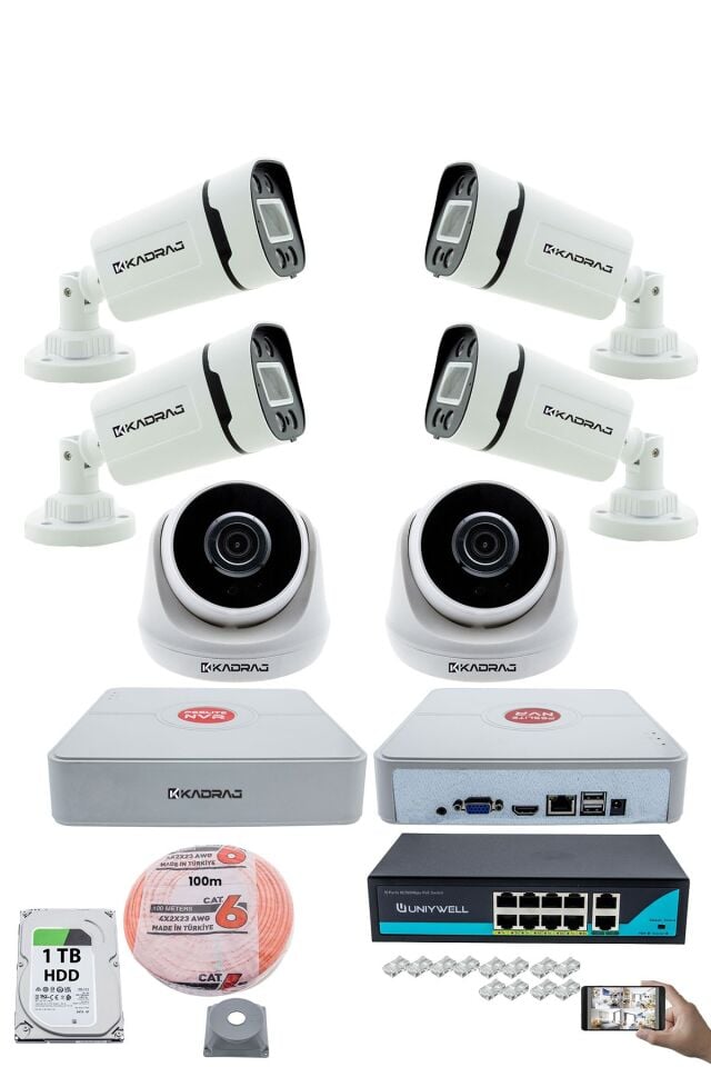 IP Güvenlik Kamera Seti - 2 İç Mekan IP Kamera, 4 Dış Mekan IP Kamera, 1TB H.D.D, 9 Kanal NVR,