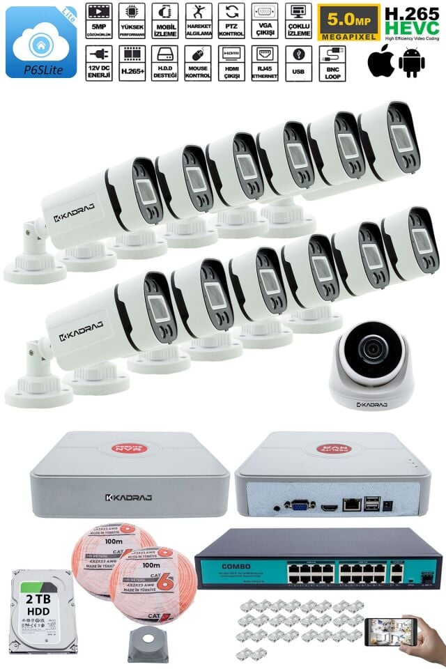IP Güvenlik Kamera Seti - 1 İç Mekan IP Kamera, 12 Dış Mekan IP Kamera, 2TB H.D.D, 16 Kanal NVR