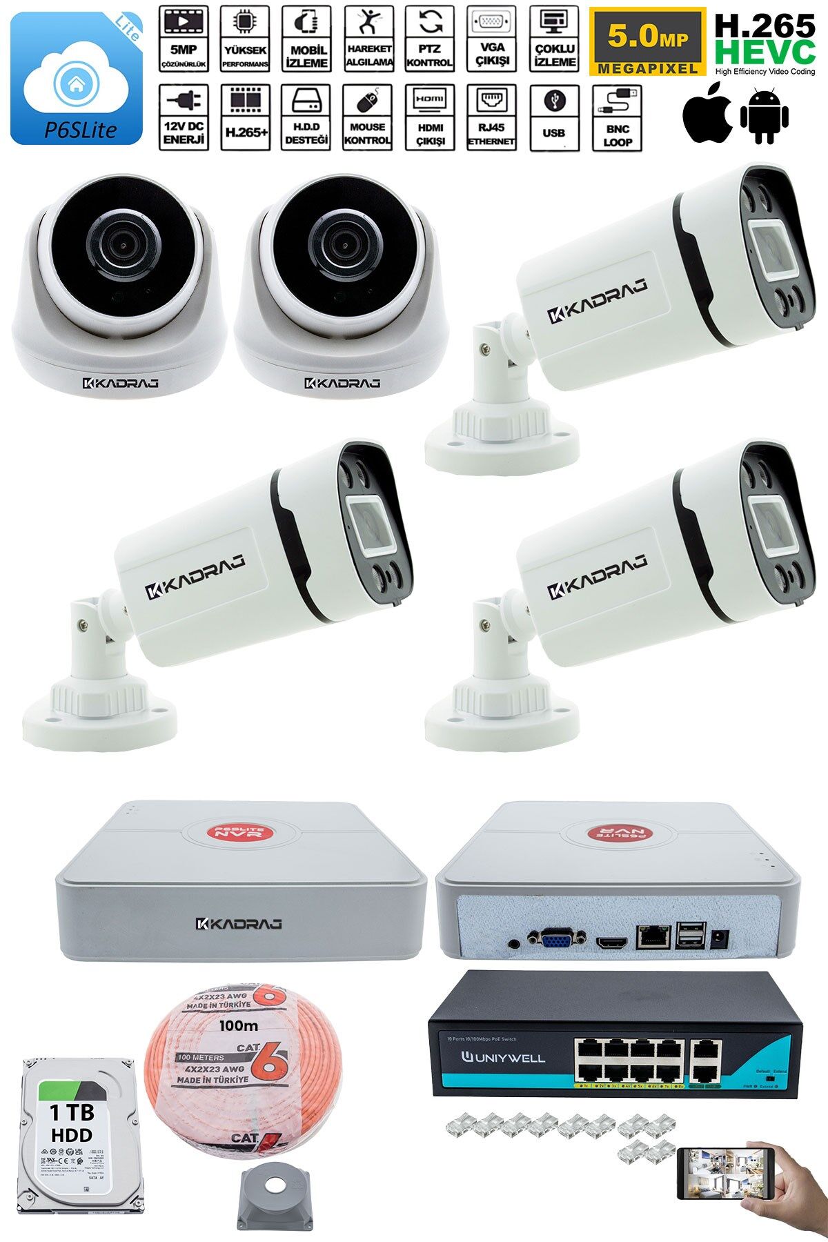 IP Güvenlik Kamera Seti - 2 İç Mekan IP Kamera, 3 Dış Mekan IP Kamera, 1TB H.D.D, 9 Kanal NVR,