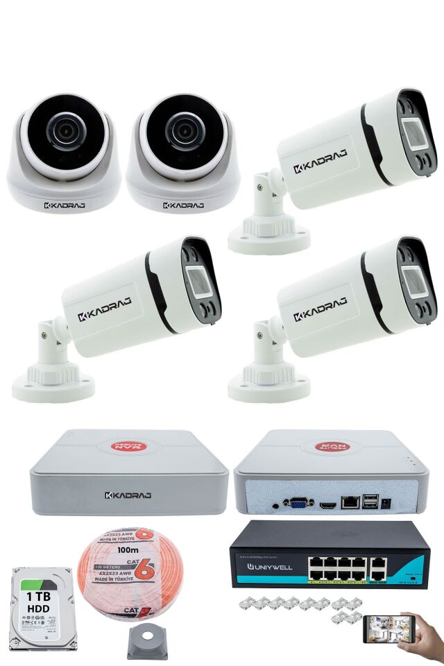 IP Güvenlik Kamera Seti - 2 İç Mekan IP Kamera, 3 Dış Mekan IP Kamera, 1TB H.D.D, 9 Kanal NVR,