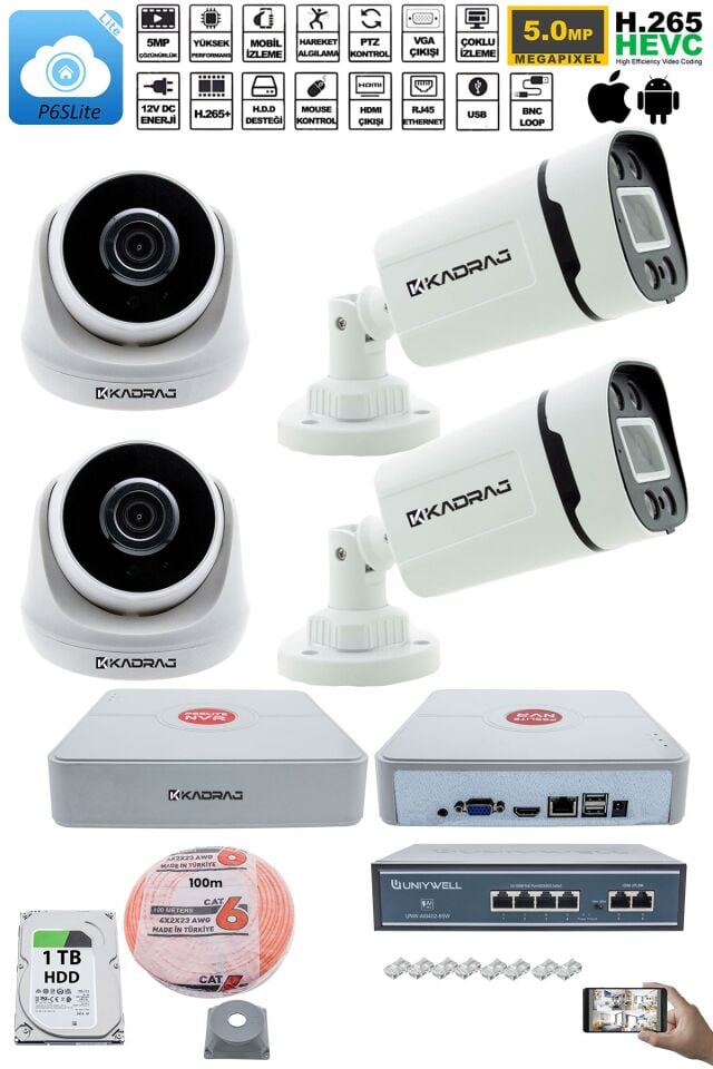 IP Güvenlik Kamera Seti - 2 İç Mekan IP Kamera, 2 Dış Mekan IP Kamera, 1TB H.D.D, 9 Kanal NVR