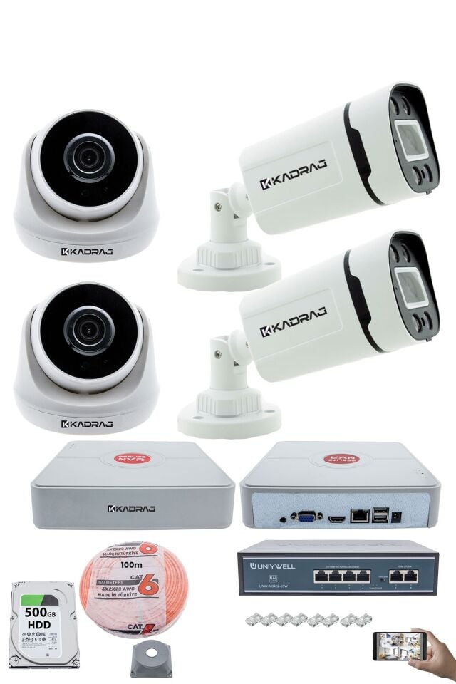 IP Güvenlik Kamera Seti - 2 İç Mekan IP Kamera, 2 Dış Mekan IP Kamera, 500GB H.D.D, 9 Kanal NVR
