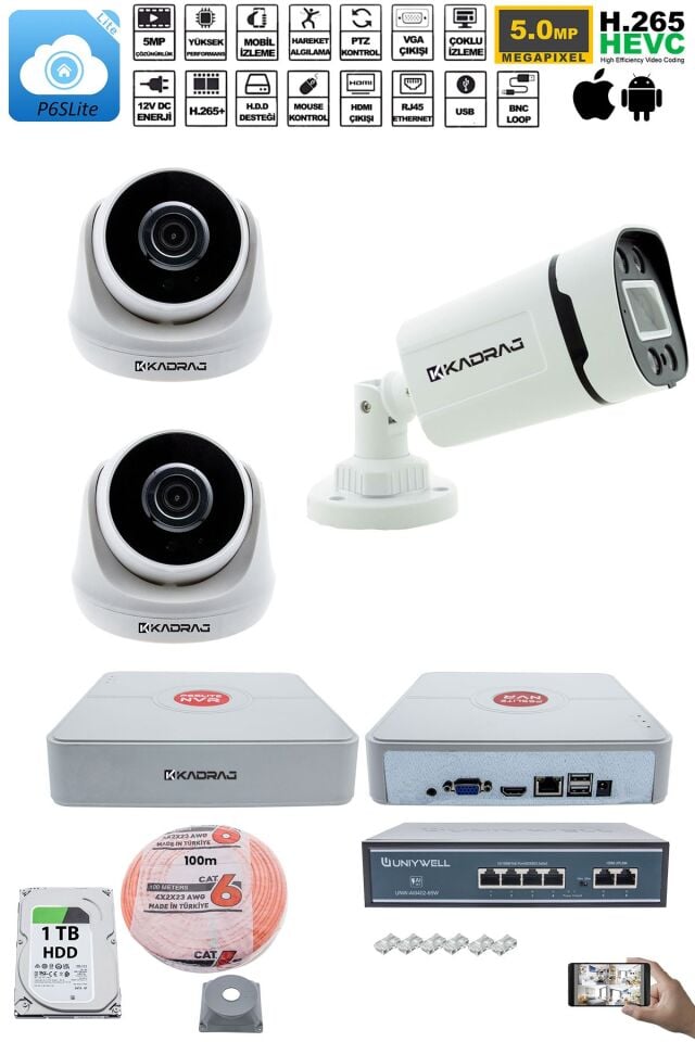 IP Güvenlik Kamera Seti - 2 İç Mekan IP Kamera, 1 Dış Mekan IP Kamera, 1TB H.D.D, 9 Kanal NVR