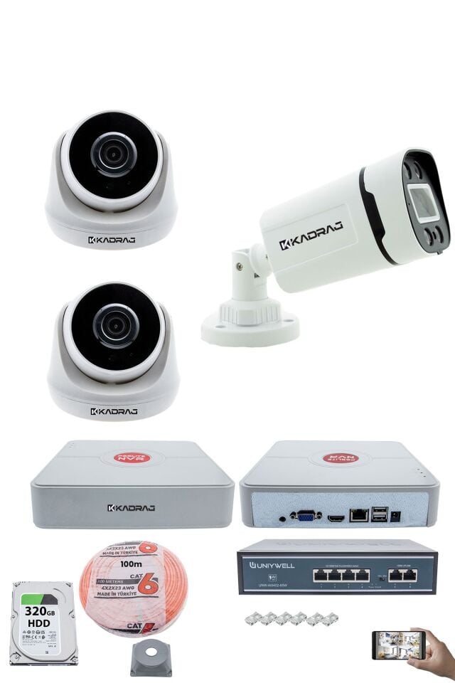IP Güvenlik Kamera Seti - 2 İç Mekan IP Kamera, 1 Dış Mekan IP Kamera, 320GB H.D.D, 9 Kanal NVR,