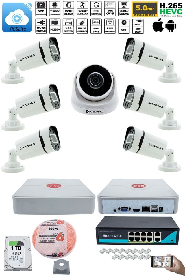 IP Güvenlik Kamera Seti - 1 İç Mekan IP Kamera, 6 Dış Mekan IP Kamera, 1TB H.D.D, 9 Kanal NVR