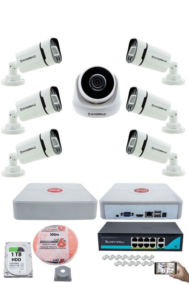 IP Güvenlik Kamera Seti - 1 İç Mekan IP Kamera, 6 Dış Mekan IP Kamera, 1TB H.D.D, 9 Kanal NVR