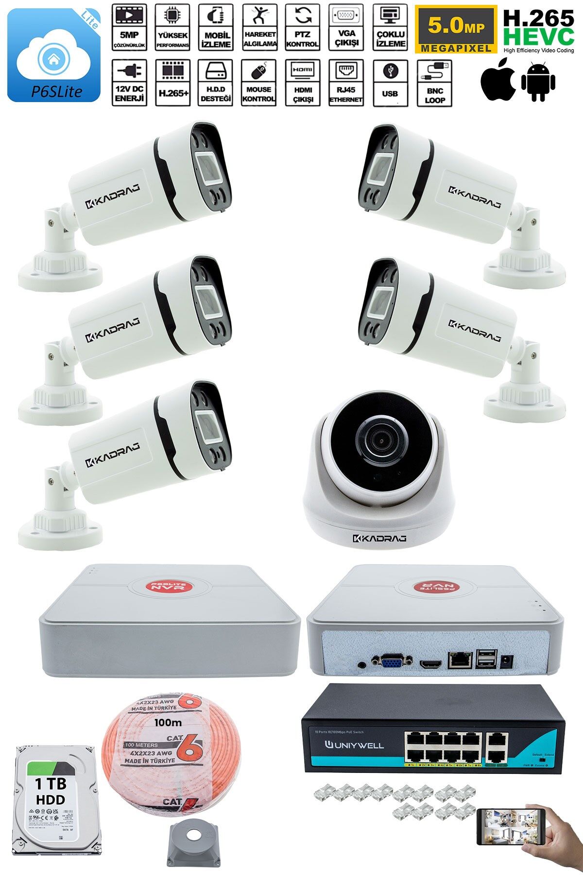 IP Güvenlik Kamera Seti - 1 İç Mekan IP Kamera, 5 Dış Mekan IP Kamera, 1TB H.D.D, 9 Kanal NVR