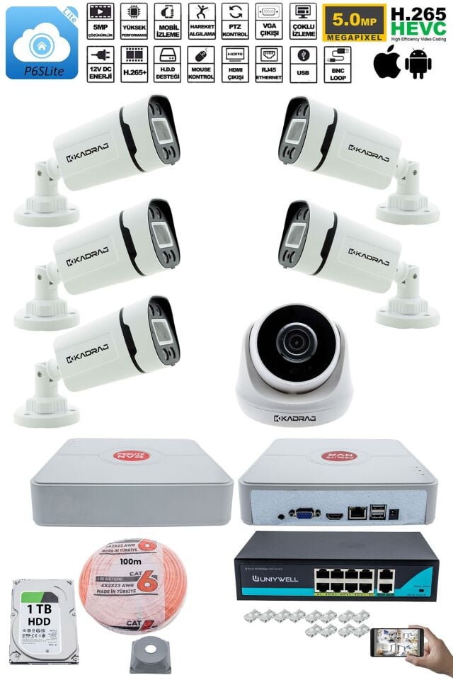 IP Güvenlik Kamera Seti - 1 İç Mekan IP Kamera, 5 Dış Mekan IP Kamera, 1TB H.D.D, 9 Kanal NVR