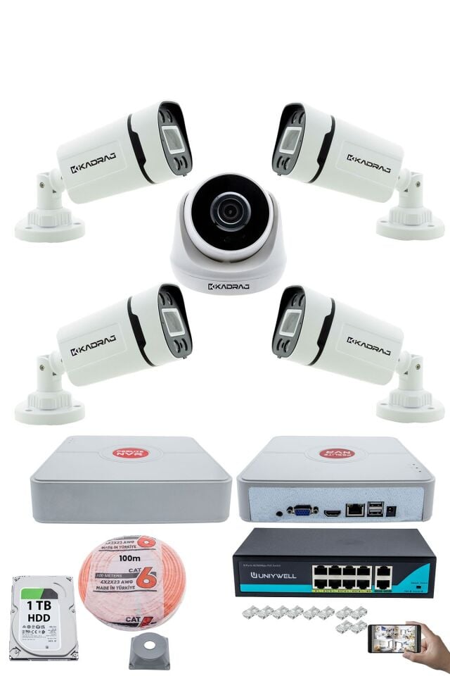 IP Güvenlik Kamera Seti - 1 İç Mekan IP Kamera, 4 Dış Mekan IP Kamera, 1TB H.D.D, 9 Kanal NVR