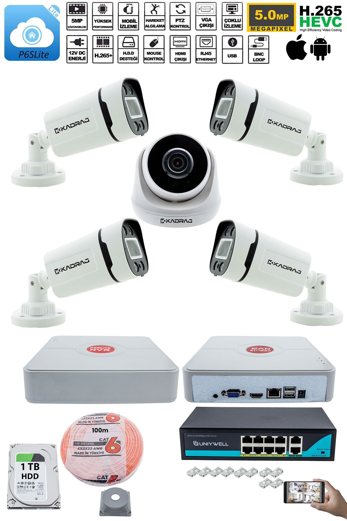 IP Güvenlik Kamera Seti - 1 İç Mekan IP Kamera, 4 Dış Mekan IP Kamera, 1TB H.D.D, 9 Kanal NVR