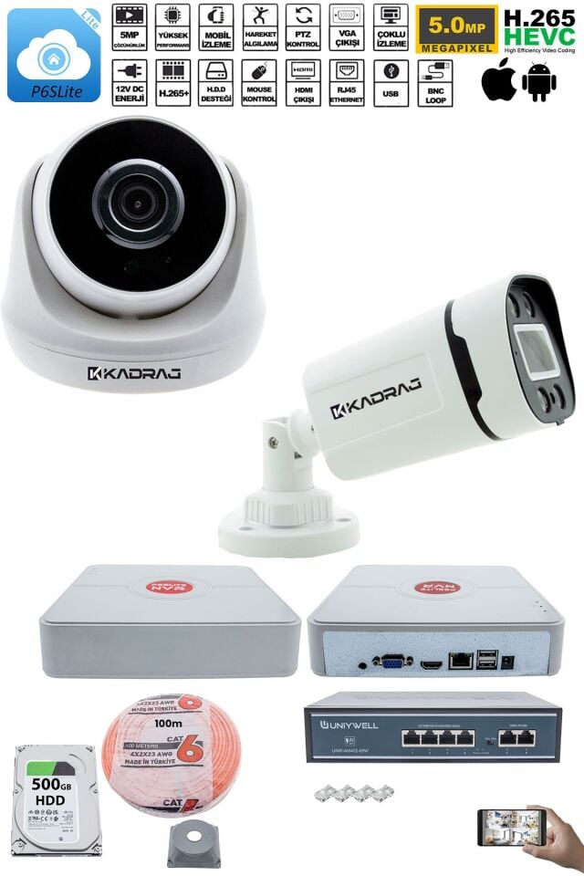 IP Güvenlik Kamera Seti - 1 İç Mekan IP Kamera, 1 Dış Mekan IP Kamera, 500GB H.D.D, 9 Kanal NVR