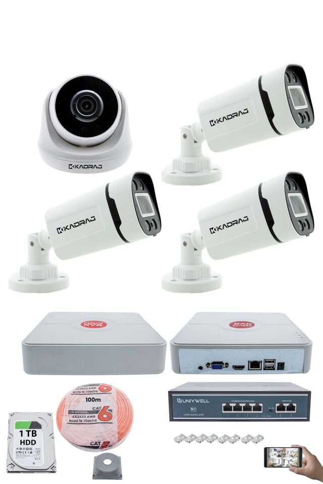 IP Güvenlik Kamera Seti - 1 İç Mekan IP Kamera, 3 Dış Mekan IP Kamera, 1TB H.D.D, 9 Kanal NVR