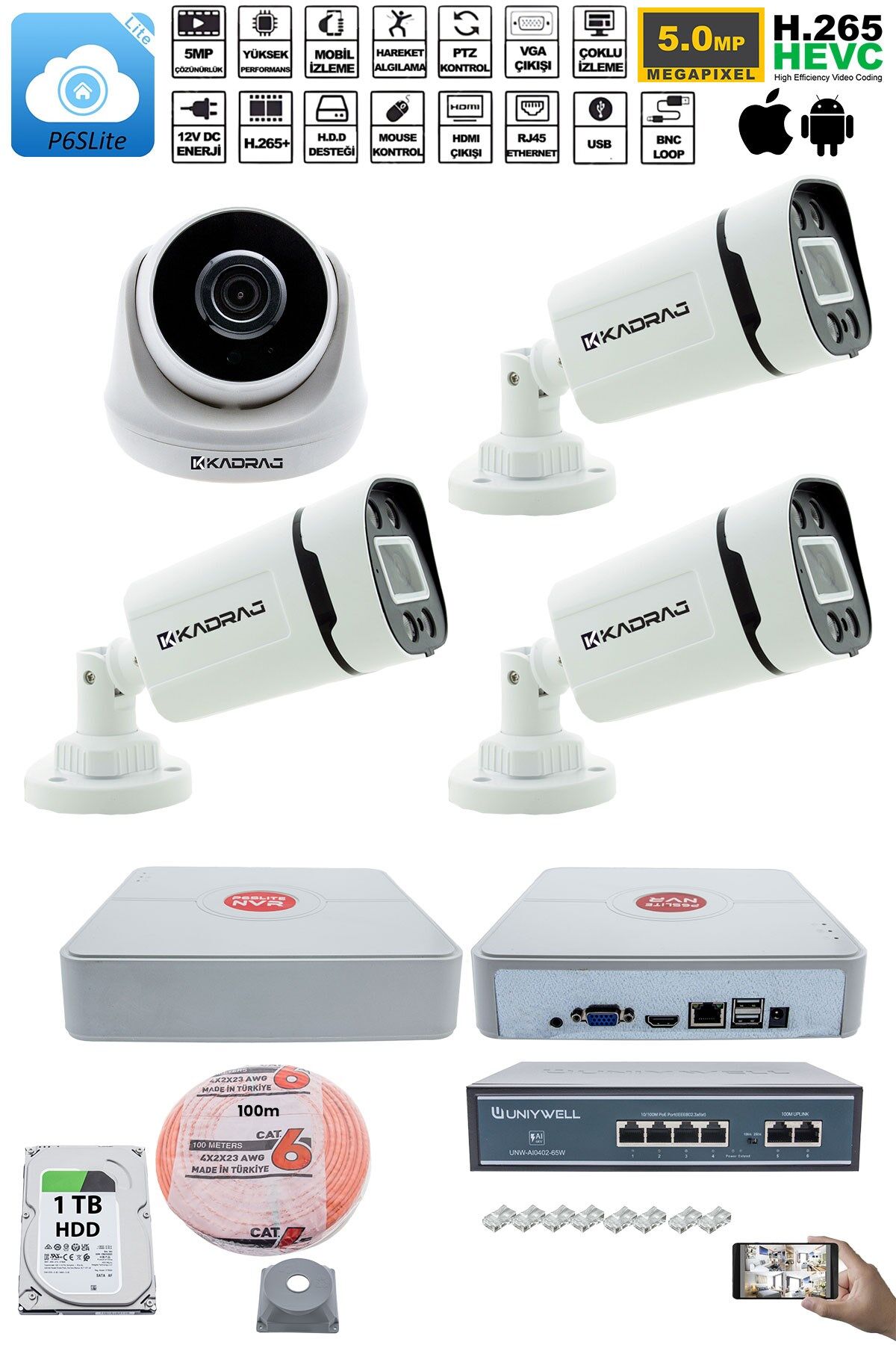 IP Güvenlik Kamera Seti - 1 İç Mekan IP Kamera, 3 Dış Mekan IP Kamera, 1TB H.D.D, 9 Kanal NVR
