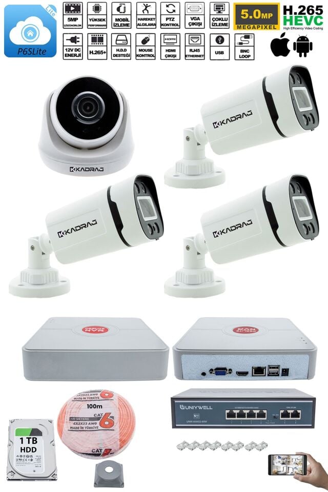 IP Güvenlik Kamera Seti - 1 İç Mekan IP Kamera, 3 Dış Mekan IP Kamera, 1TB H.D.D, 9 Kanal NVR