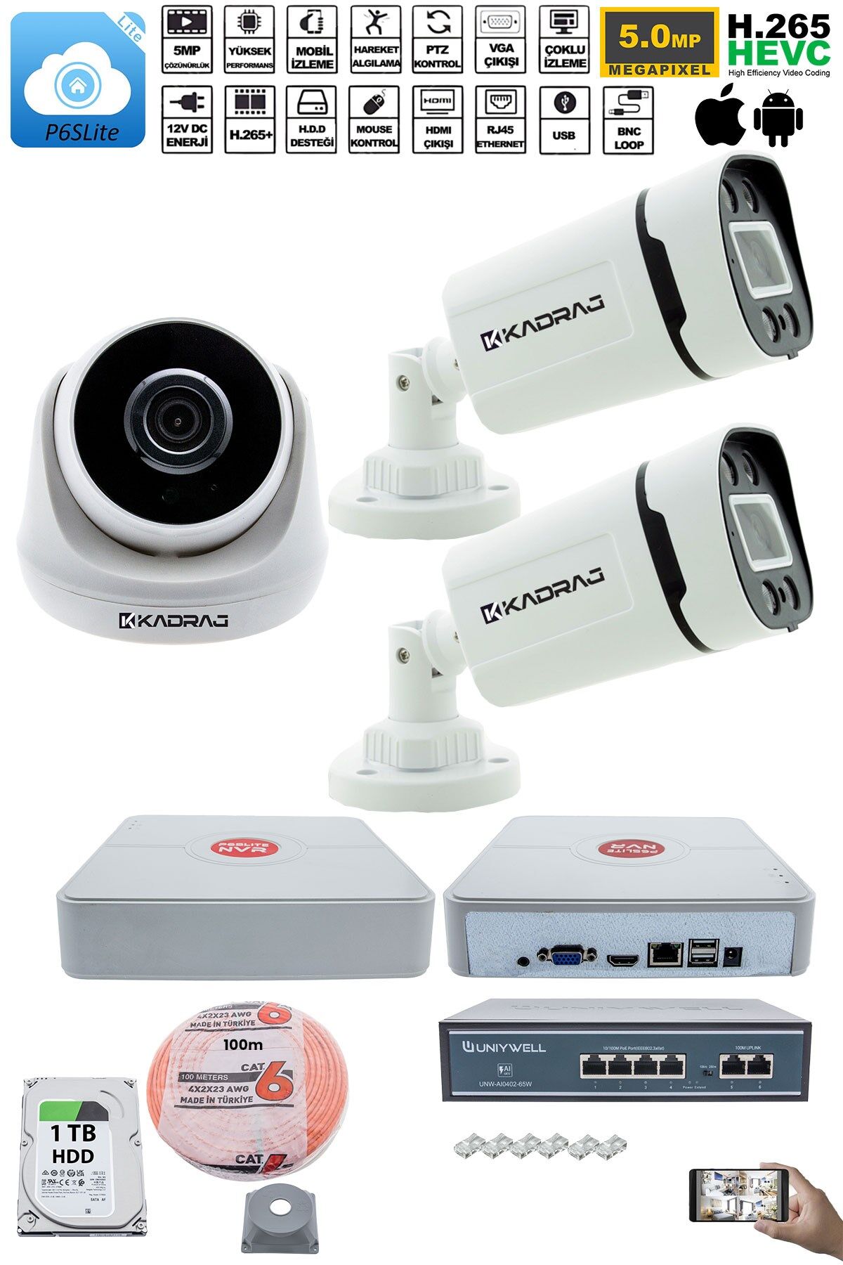 IP Güvenlik Kamera Seti - 1 İç Mekan IP Kamera, 2 Dış Mekan IP Kamera, 1TB H.D.D, 9 Kanal NVR