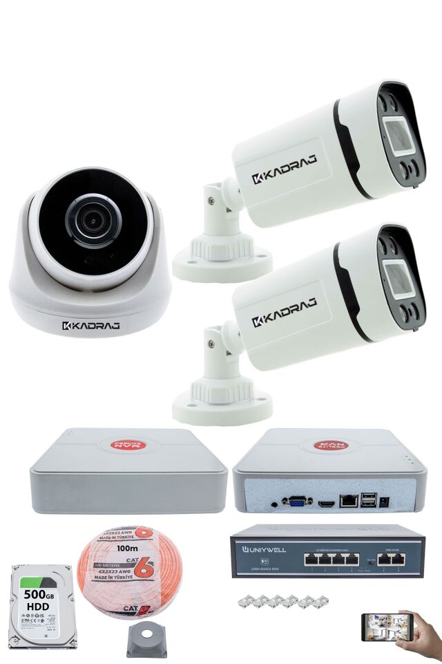 IP Güvenlik Kamera Seti - 1 İç Mekan IP Kamera, 2 Dış Mekan IP Kamera, 500GB H.D.D, 9 Kanal NVR