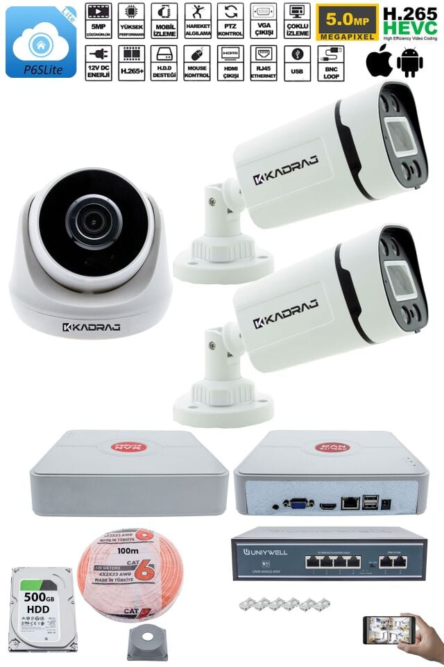 IP Güvenlik Kamera Seti - 1 İç Mekan IP Kamera, 2 Dış Mekan IP Kamera, 500GB H.D.D, 9 Kanal NVR