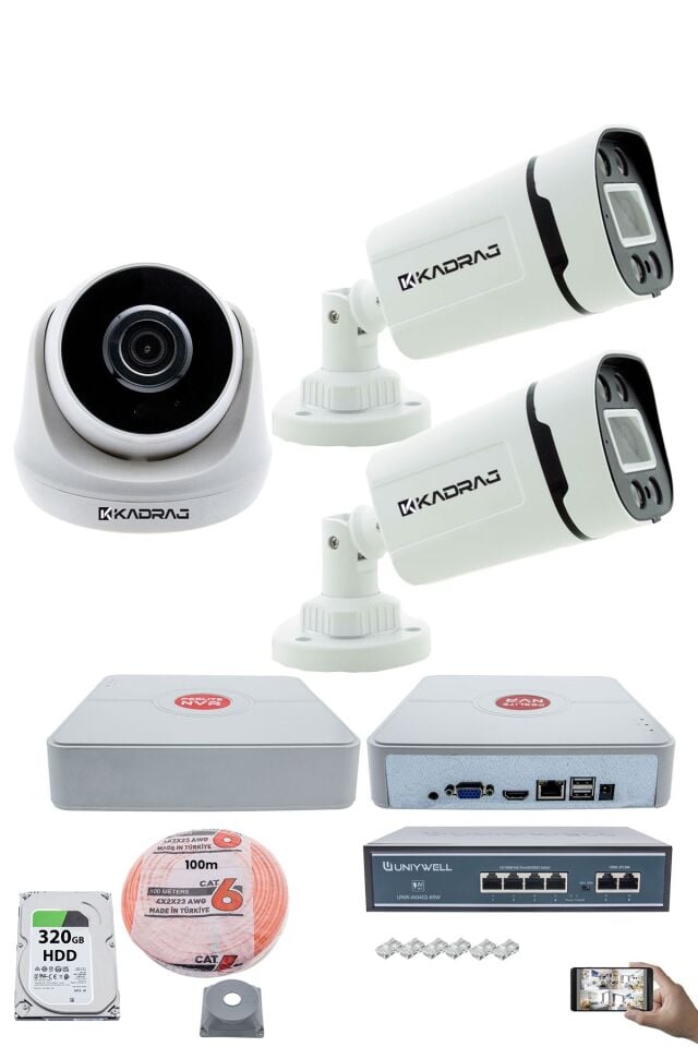 IP Güvenlik Kamera Seti - 1 İç Mekan IP Kamera, 2 Dış Mekan IP Kamera, 320 GB H.D.D, 9 Kanal NVR