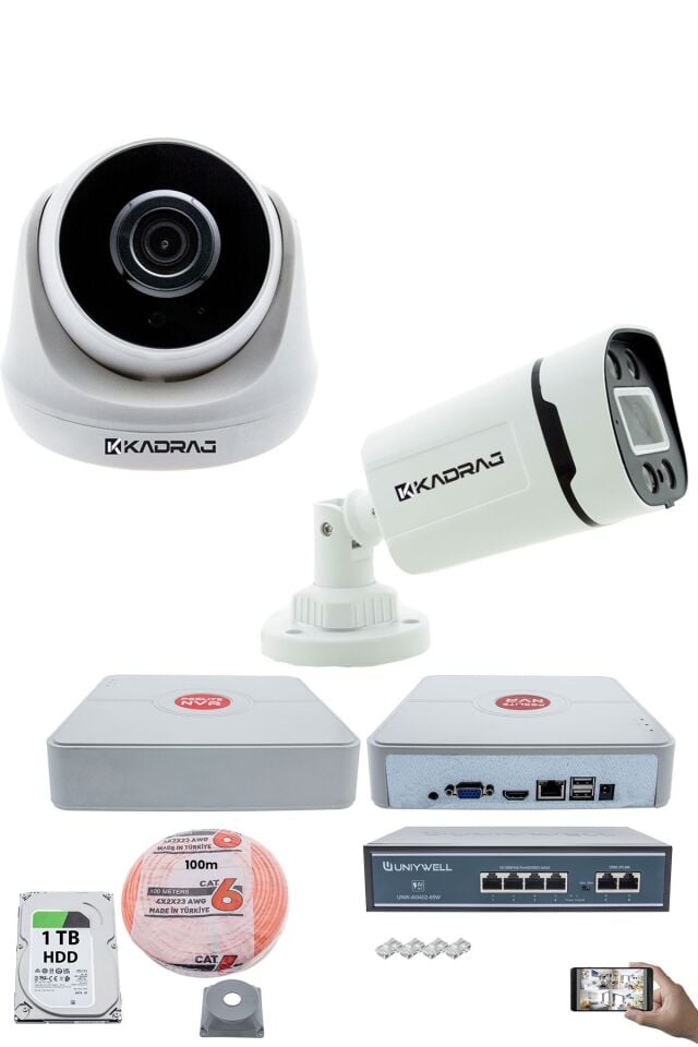 IP Güvenlik Kamera Seti - 1 İç Mekan IP Kamera, 1 Dış Mekan IP Kamera, 1 TB H.D.D, 9 Kanal NVR