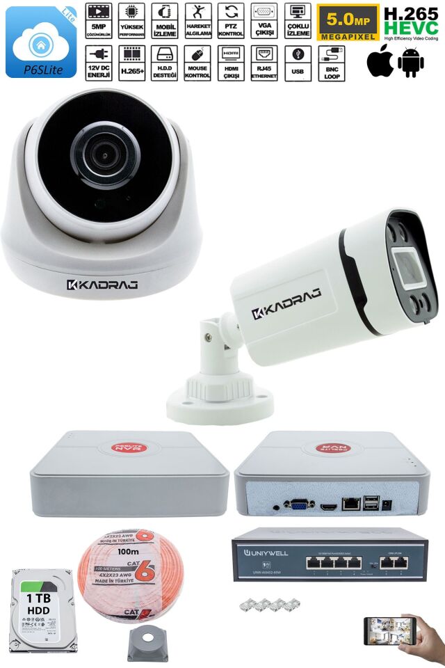 IP Güvenlik Kamera Seti - 1 İç Mekan IP Kamera, 1 Dış Mekan IP Kamera, 1 TB H.D.D, 9 Kanal NVR
