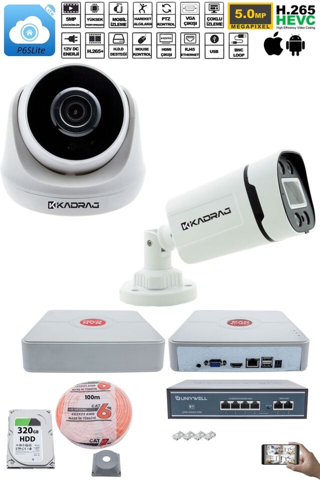 IP Güvenlik Kamera Seti - 1 İç Mekan IP Kamera, 1 Dış Mekan IP Kamera, 320GB H.D.D, 9 Kanal NVR